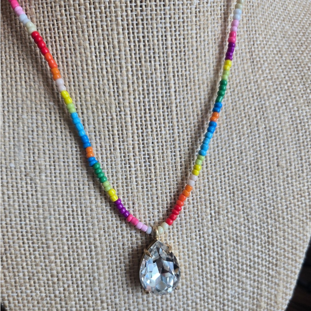 Roxanne Assoulin Beaded Necklace Crystal Teardrop Pendant Boho Colorful NWOT - Picture 2 of 5